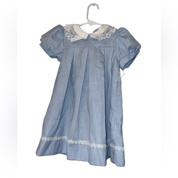 Vintage peaches n cream Blue pleated Dress with Lace trim Collar 4T NWT - Picture 1 of 3